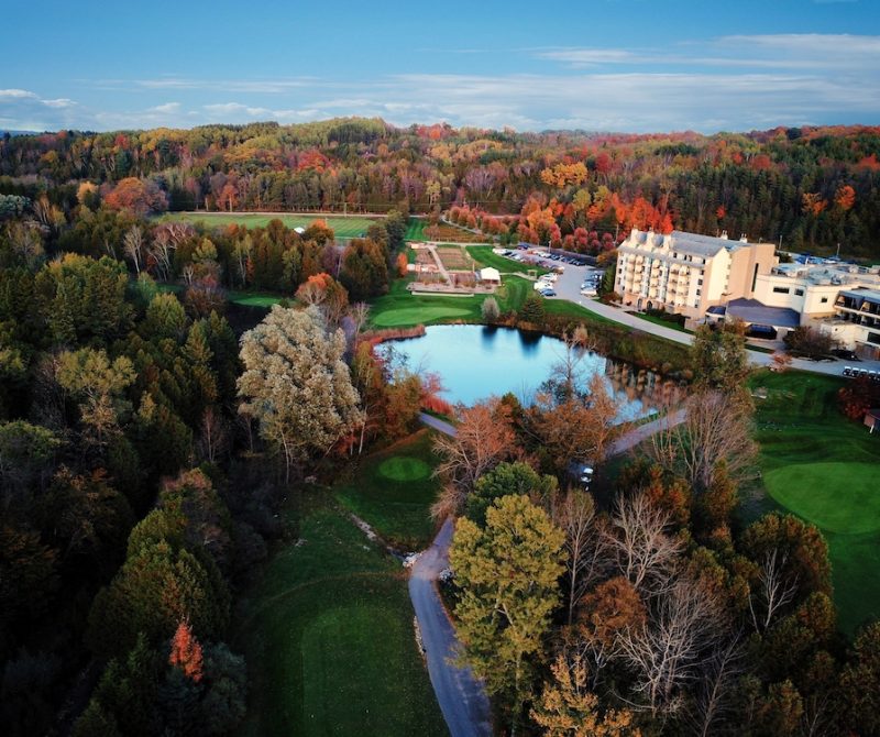 Hockley Valley Resort Exterior Birds Eye View of pond, golf course and Building